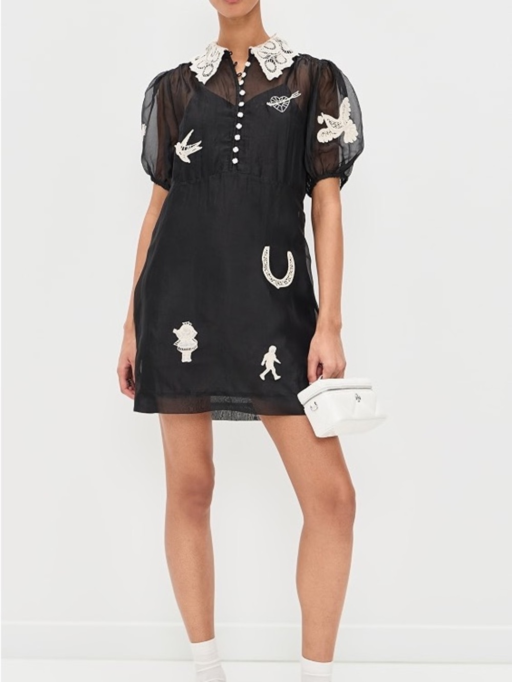 Sea Ellison Black Short Sleeve Embroidered Mini Dress with White Collar